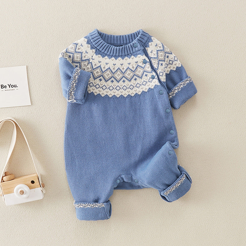 Baby boy knitted romper in blue with geometric pattern, made from soft cotton, suitable for spring and autumn wear.