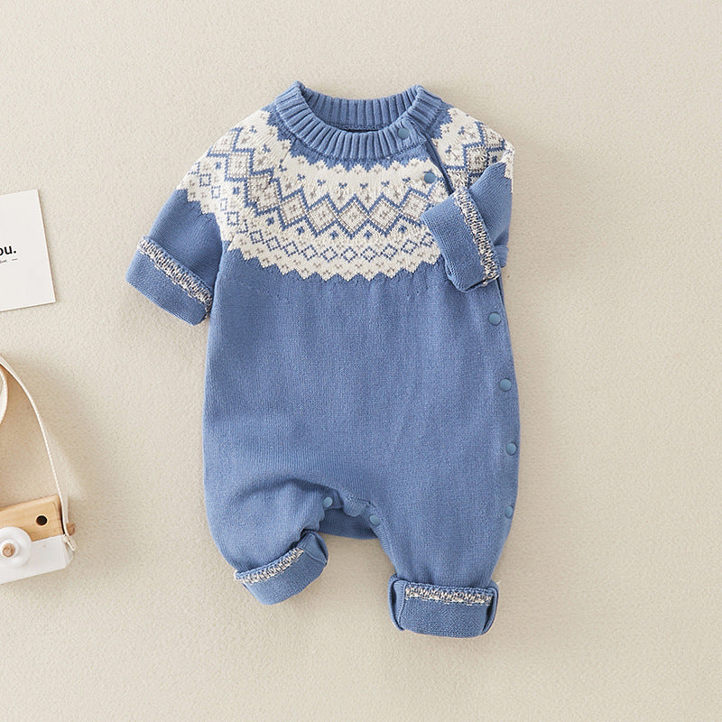 Baby boy knitted romper in blue with geometric pattern, made from soft cotton, suitable for spring and autumn wear.