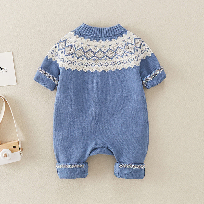 Baby boy knitted romper in blue with geometric pattern, made from soft cotton, suitable for spring and autumn wear.
