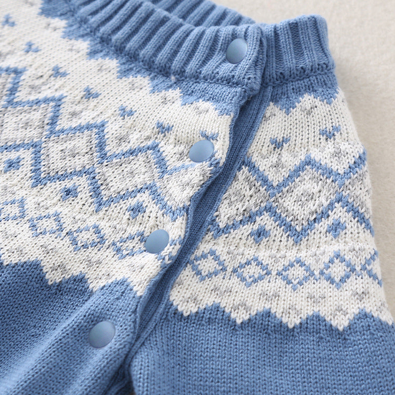 Baby boy knitted romper in blue with geometric pattern, made from soft cotton, suitable for spring and autumn wear.