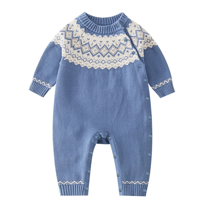 Baby boy knitted romper in blue with geometric pattern, made from soft cotton, suitable for spring and autumn wear.