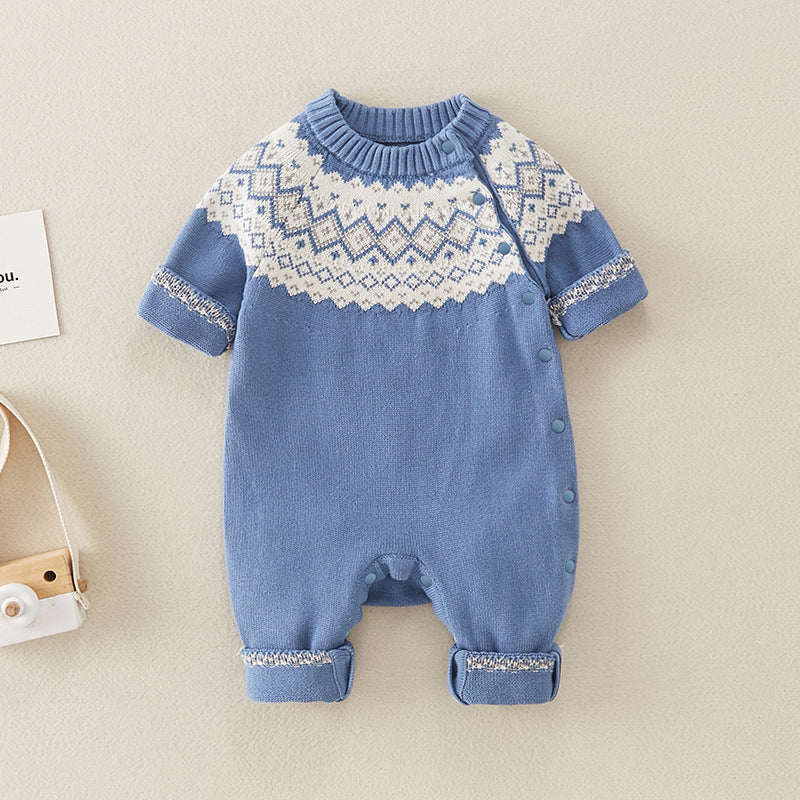 Baby boy knitted romper in blue with geometric pattern, made from soft cotton, suitable for spring and autumn wear.