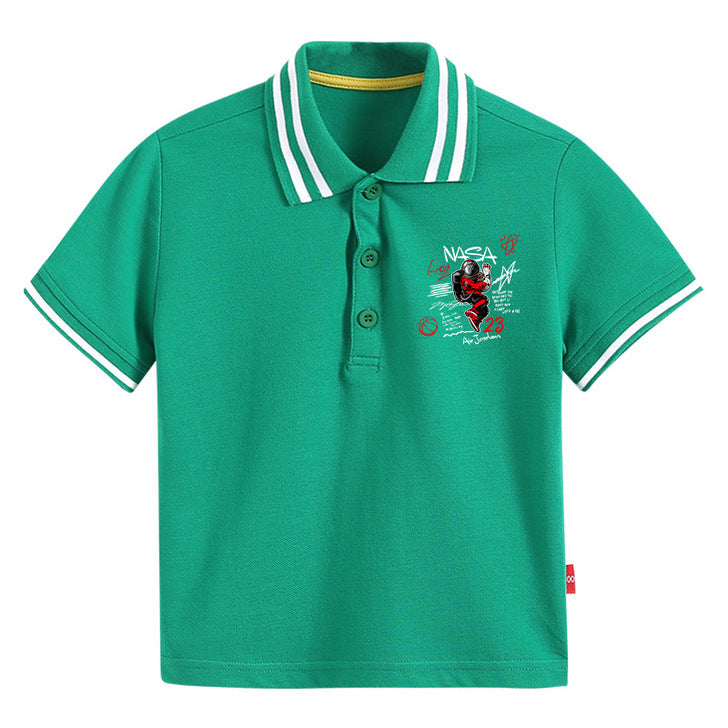 Baby boy wearing a Hip Hop Astronaut Print Polo Collar shirt, showcasing a vibrant astronaut design in a preppy style.