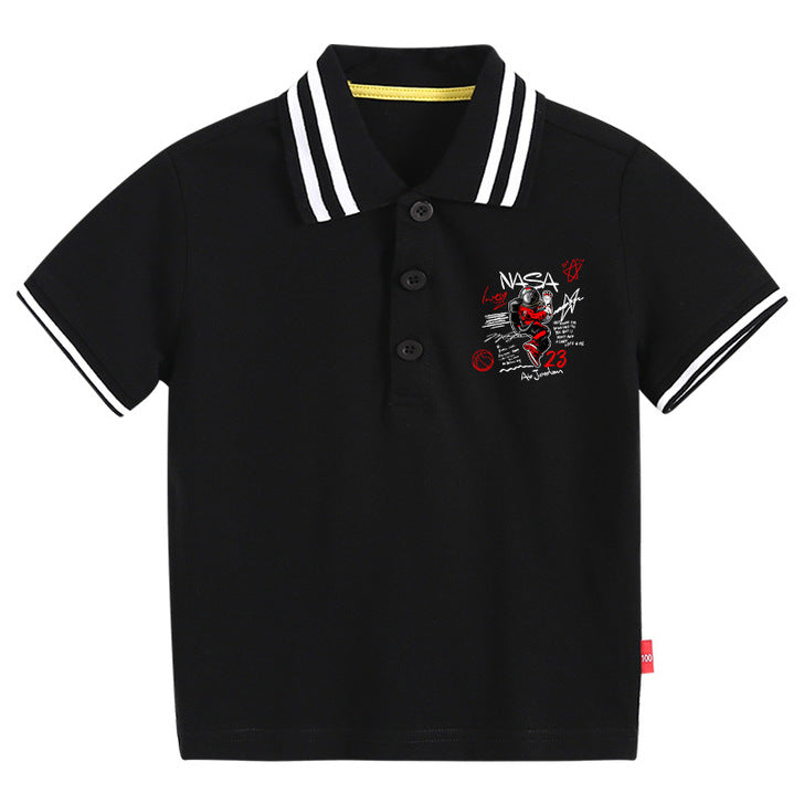 Baby boy wearing a Hip Hop Astronaut Print Polo Collar shirt, showcasing a vibrant astronaut design in a preppy style.