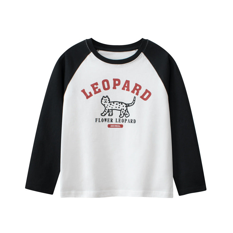 Baby boy's navy blue long sleeve shirt featuring leopard cartoon and letters print, made from soft cotton material.