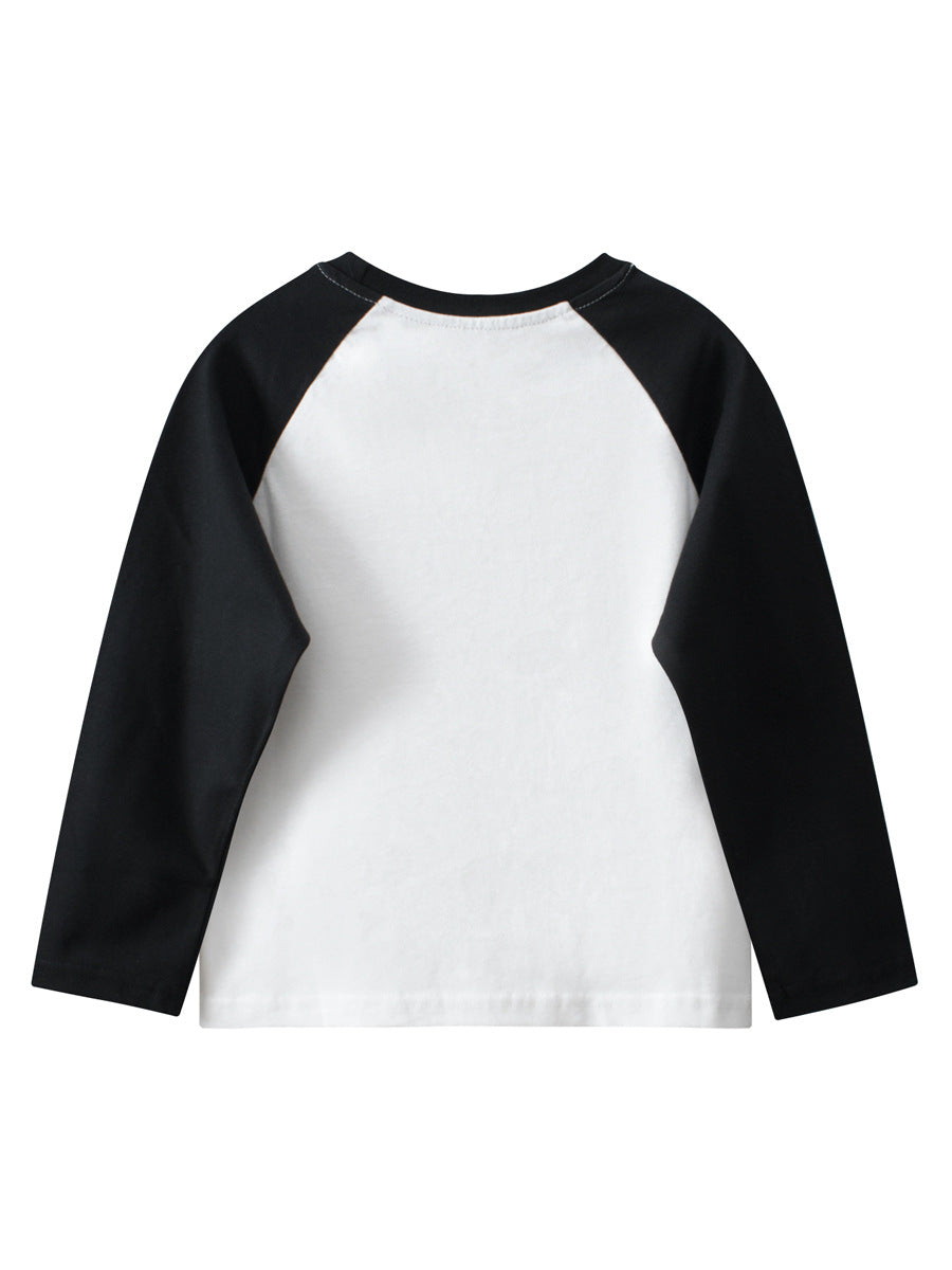 Baby boy's navy blue long sleeve shirt featuring leopard cartoon and letters print, made from soft cotton material.