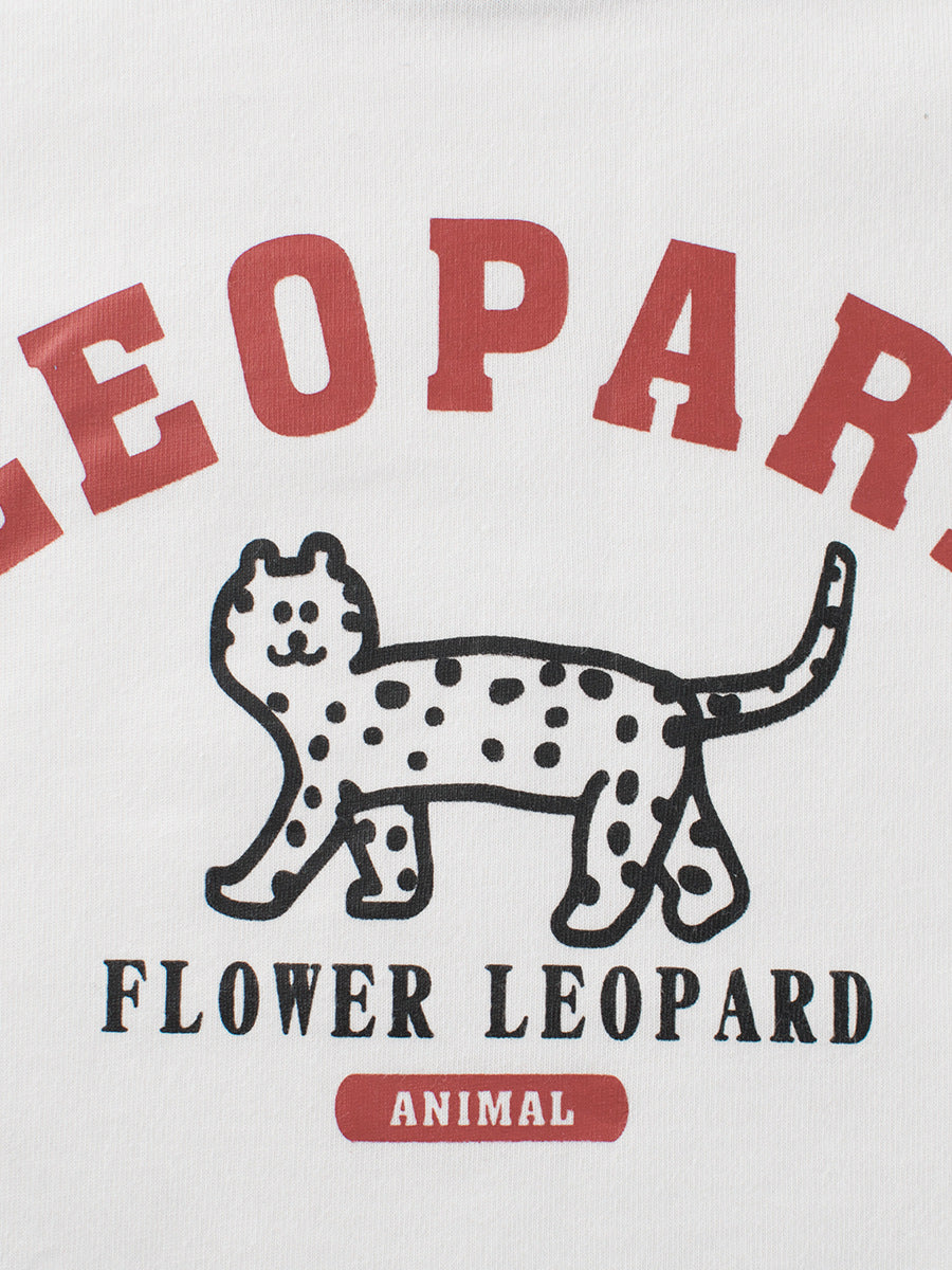 Baby boy's navy blue long sleeve shirt featuring leopard cartoon and letters print, made from soft cotton material.