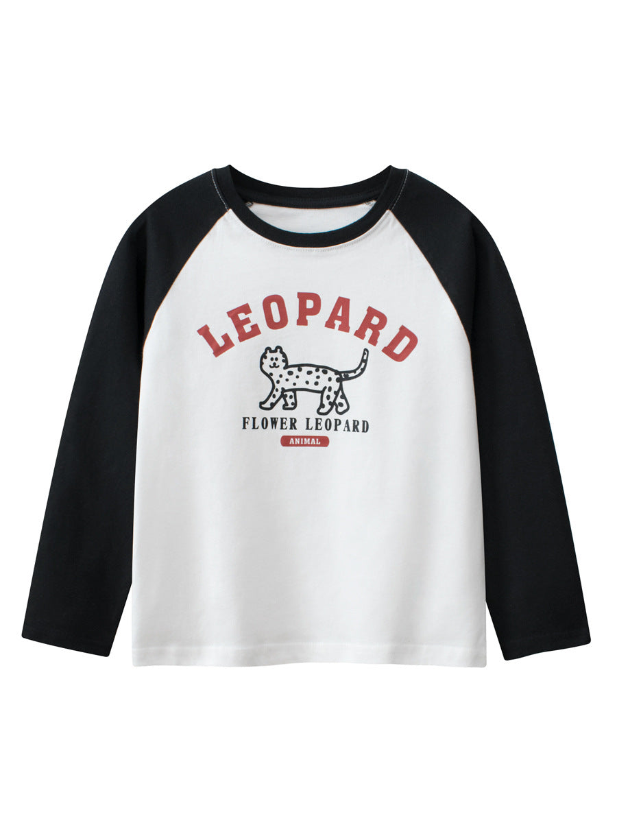 Baby boy's navy blue long sleeve shirt featuring leopard cartoon and letters print, made from soft cotton material.