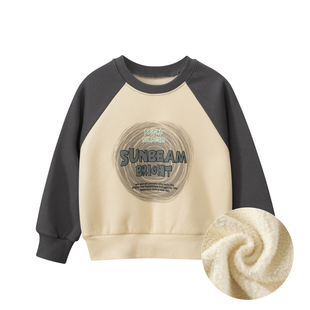 Baby boy's beige crew neck long sleeve top with letters pattern, made from soft cotton blend fabric.