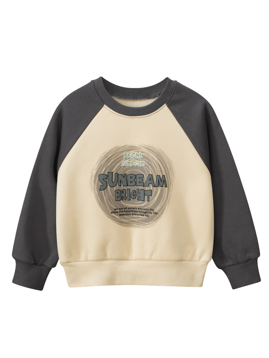 Baby boy's beige crew neck long sleeve top with letters pattern, made from soft cotton blend fabric.