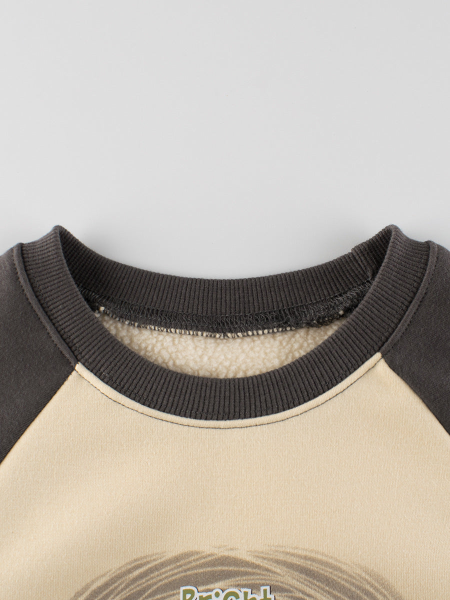 Baby boy's beige crew neck long sleeve top with letters pattern, made from soft cotton blend fabric.