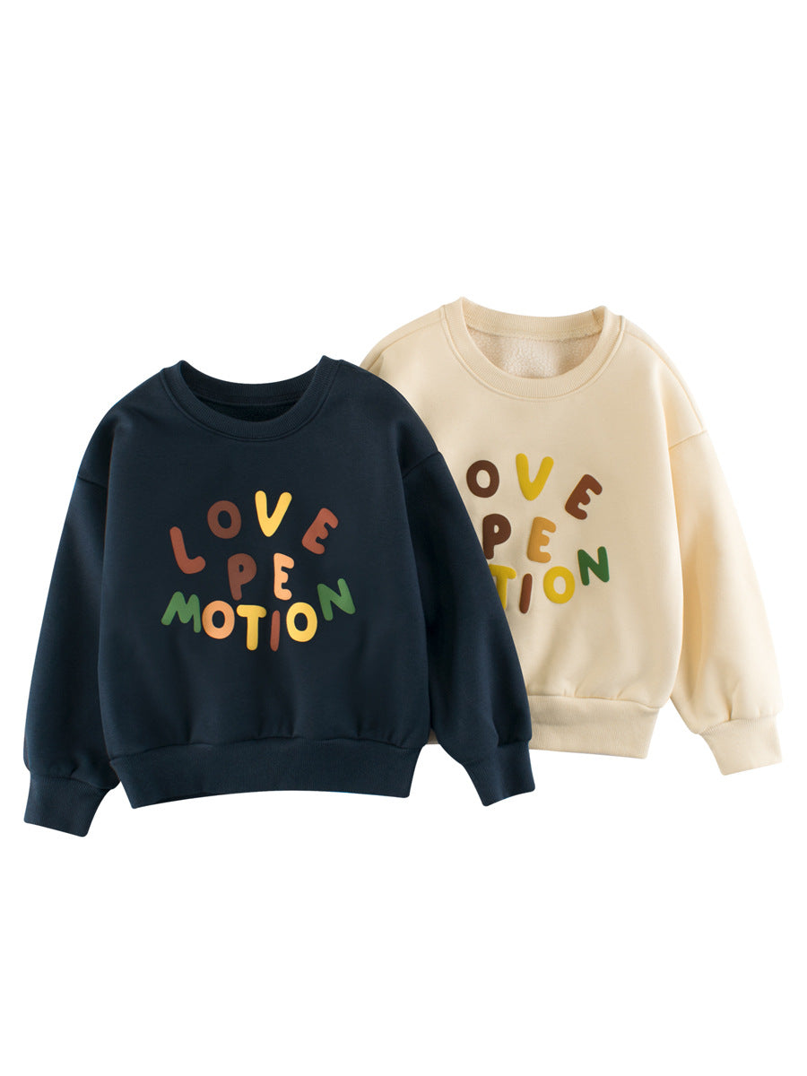 Baby boy crew neck long sleeves top in navy blue and beige with letters pattern, made from soft cotton blend material.