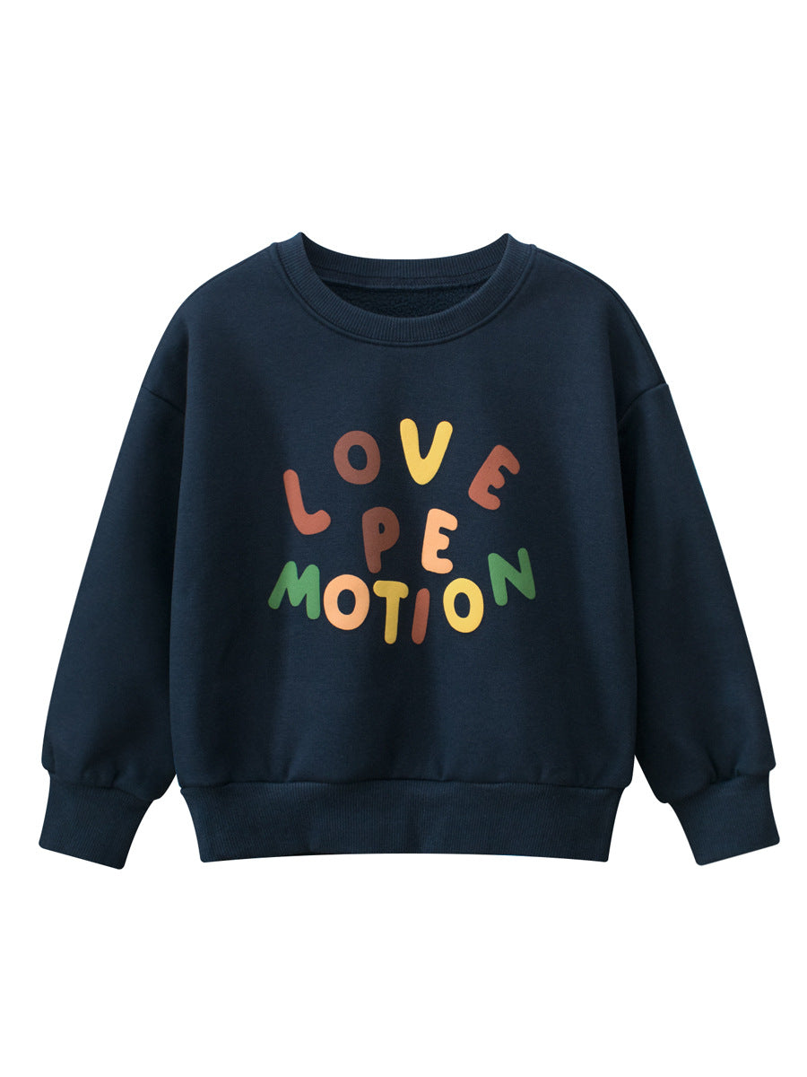 Baby boy crew neck long sleeves top in navy blue and beige with letters pattern, made from soft cotton blend material.