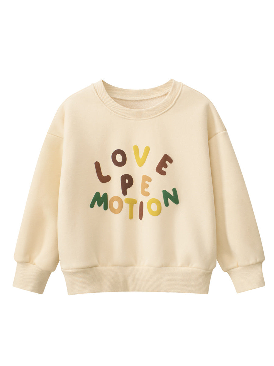 Baby boy crew neck long sleeves top in navy blue and beige with letters pattern, made from soft cotton blend material.