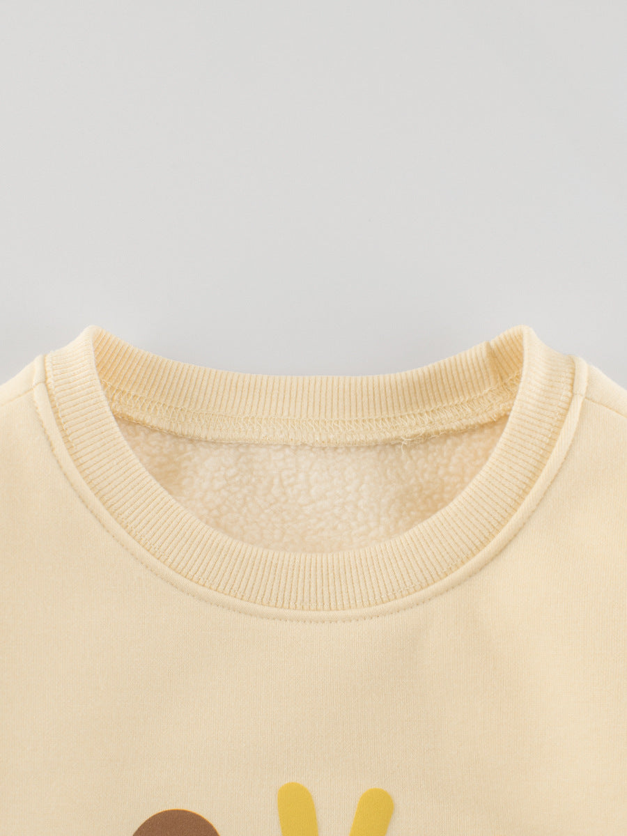 Baby boy crew neck long sleeves top in navy blue and beige with letters pattern, made from soft cotton blend material.