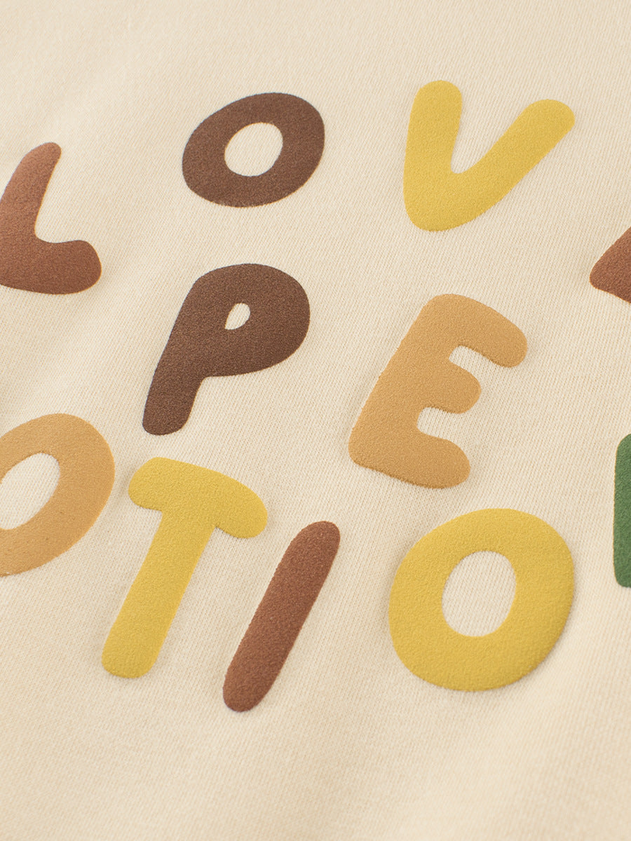 Baby boy crew neck long sleeves top in navy blue and beige with letters pattern, made from soft cotton blend material.