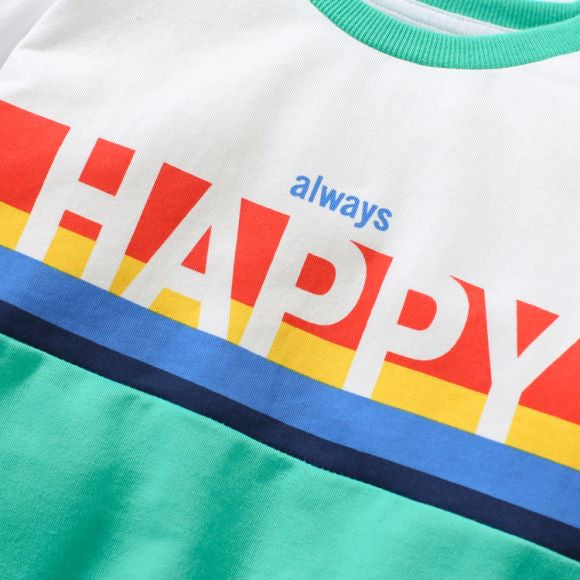 Baby boy wearing a blue hoodie with letter pattern and patchwork design, showcasing comfort and style.