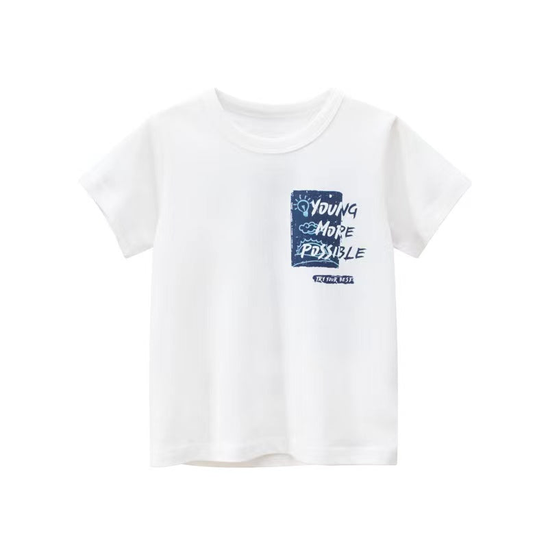 Baby boy wearing a white letter print round neck cotton top, perfect for summer.
