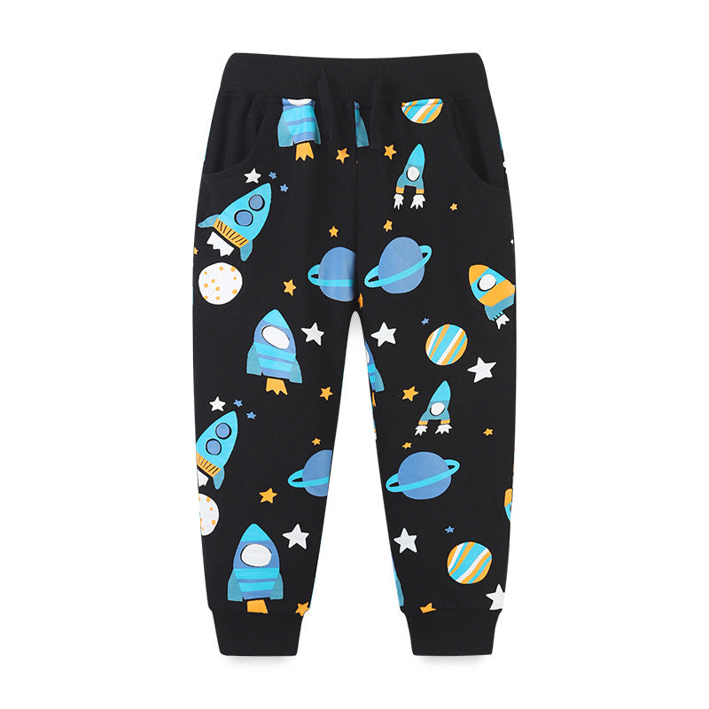 Baby boy comfortable cotton trousers with planet print pattern in navy blue color, perfect for toddlers and young boys.