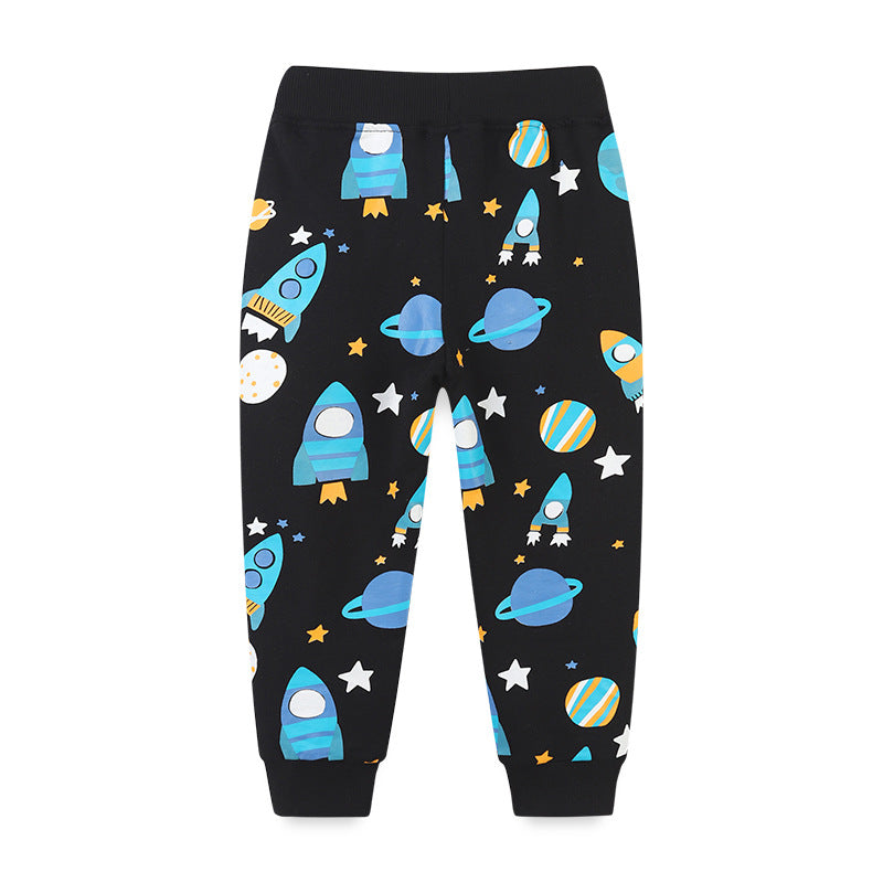 Baby boy comfortable cotton trousers with planet print pattern in navy blue color, perfect for toddlers and young boys.