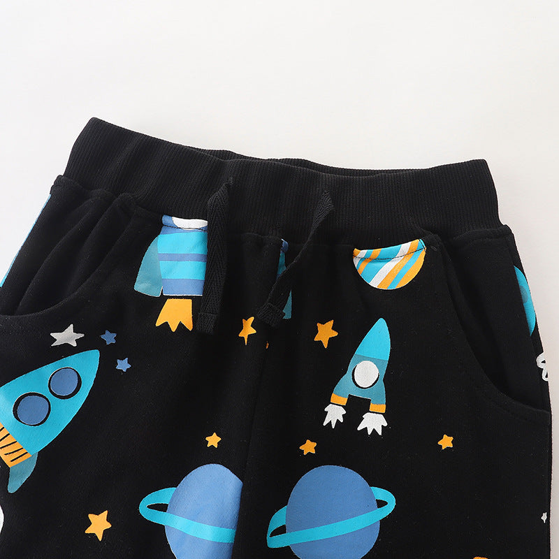 Baby boy comfortable cotton trousers with planet print pattern in navy blue color, perfect for toddlers and young boys.