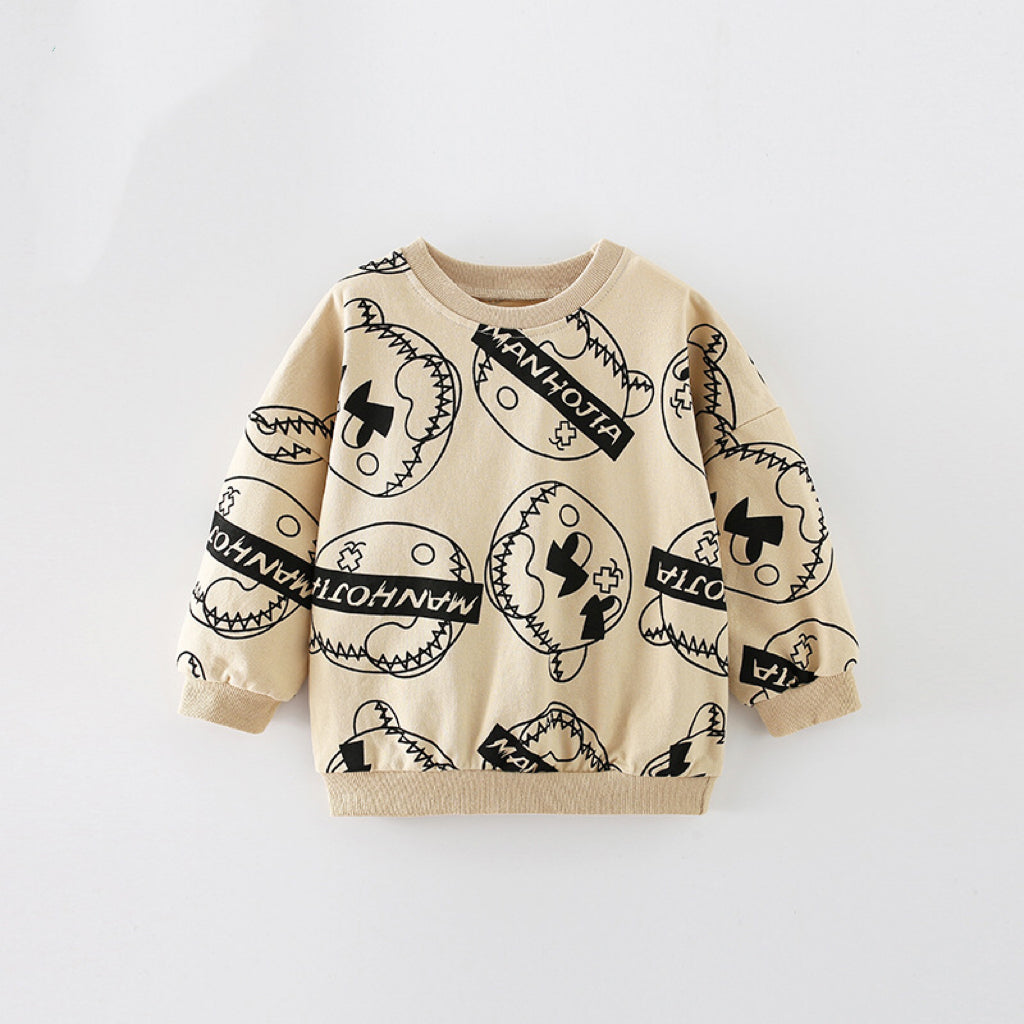 Baby boy wearing a khaki print pattern crewneck cotton hoodie, showcasing colorful letters and a cozy fit.
