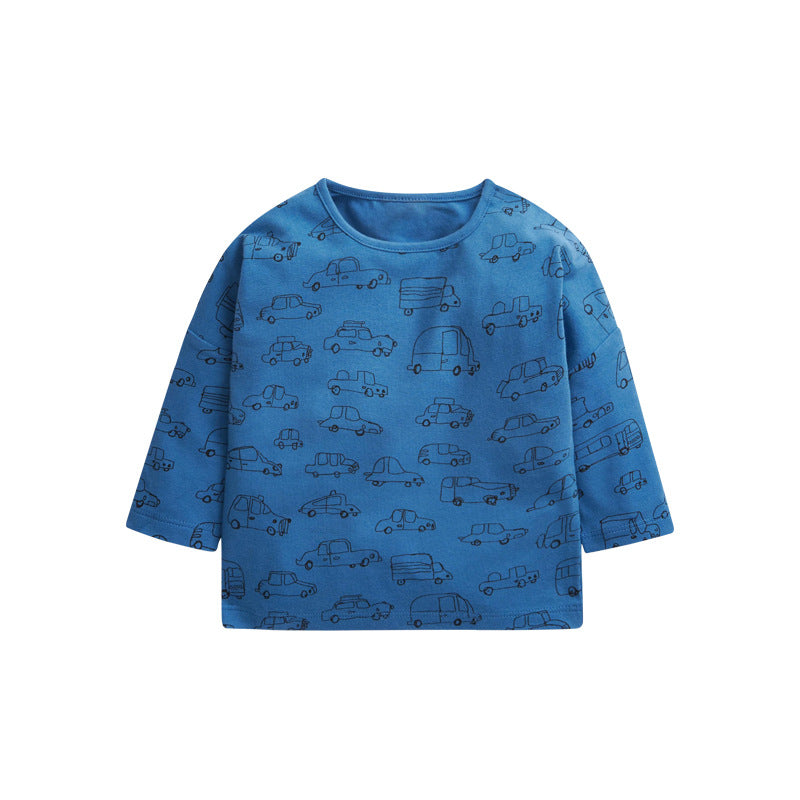 A solid blue long sleeve cotton shirt for baby boys featuring a playful print pattern, perfect for casual and semi-formal occasions.