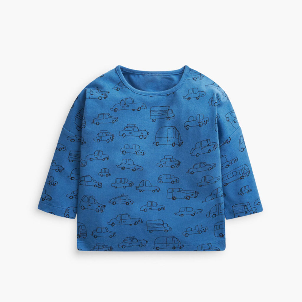 A solid blue long sleeve cotton shirt for baby boys featuring a playful print pattern, perfect for casual and semi-formal occasions.