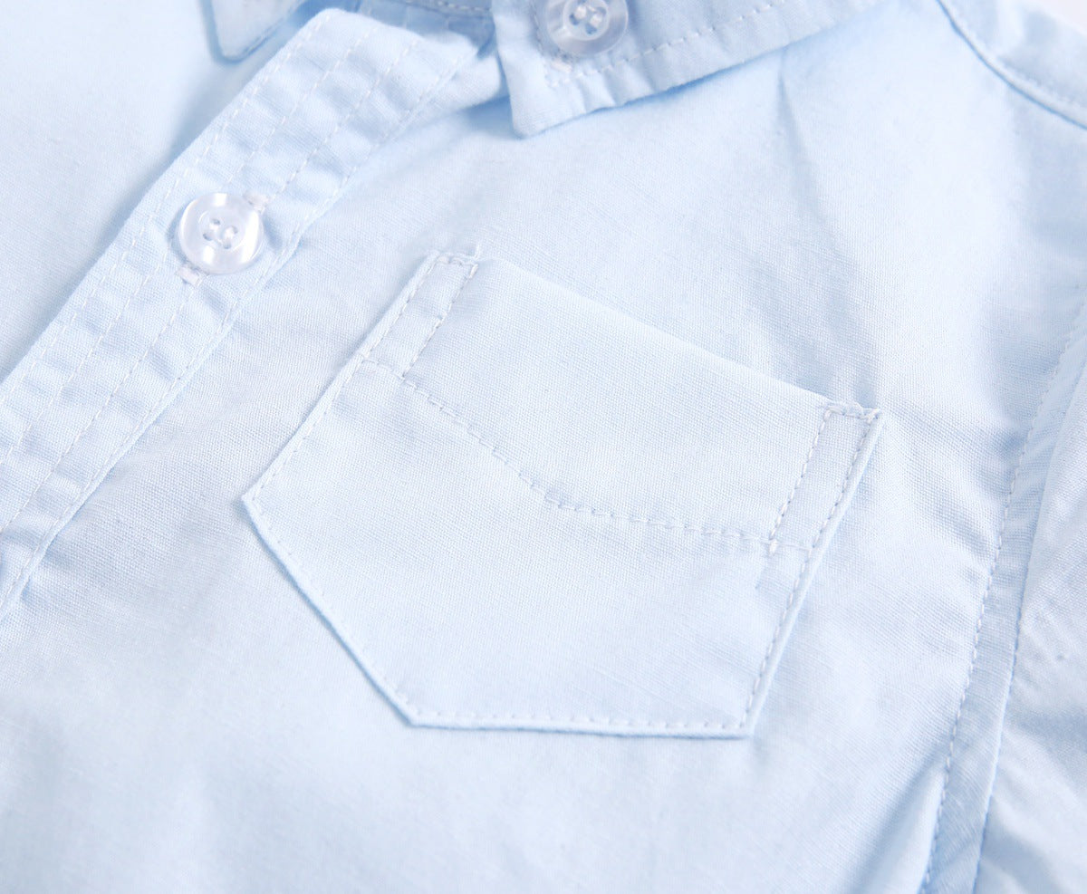 Baby boy solid color buttoned shirt with pockets, available in white, blue, and yellow, perfect for summer wear.