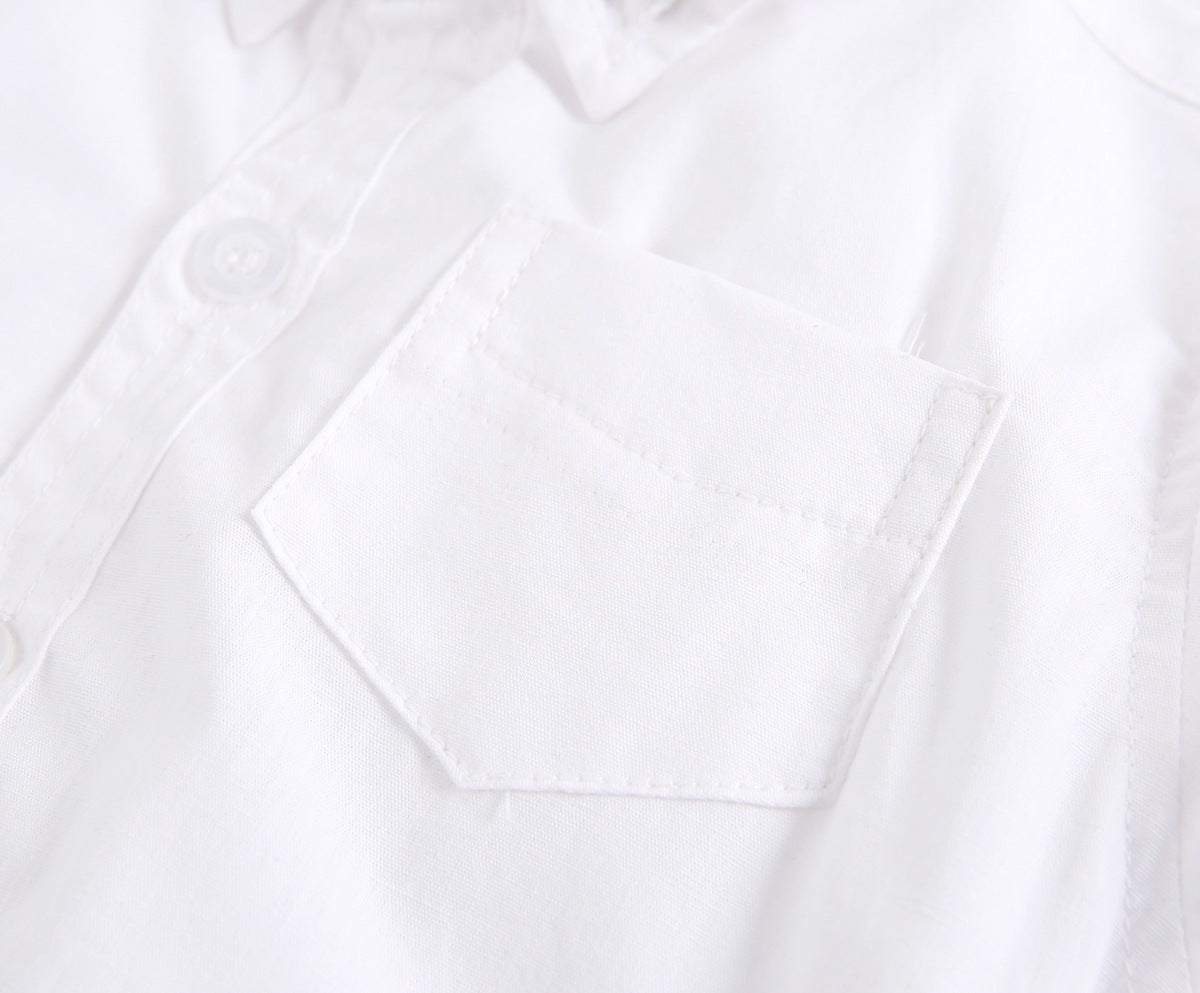 Baby boy solid color buttoned shirt with pockets, available in white, blue, and yellow, perfect for summer wear.