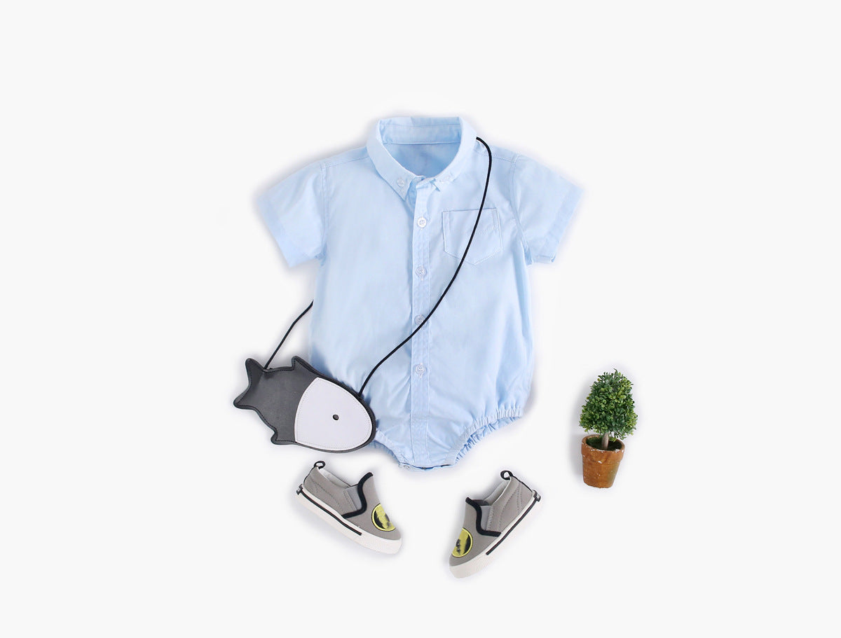 Baby boy solid color buttoned shirt with pockets, available in white, blue, and yellow, perfect for summer wear.