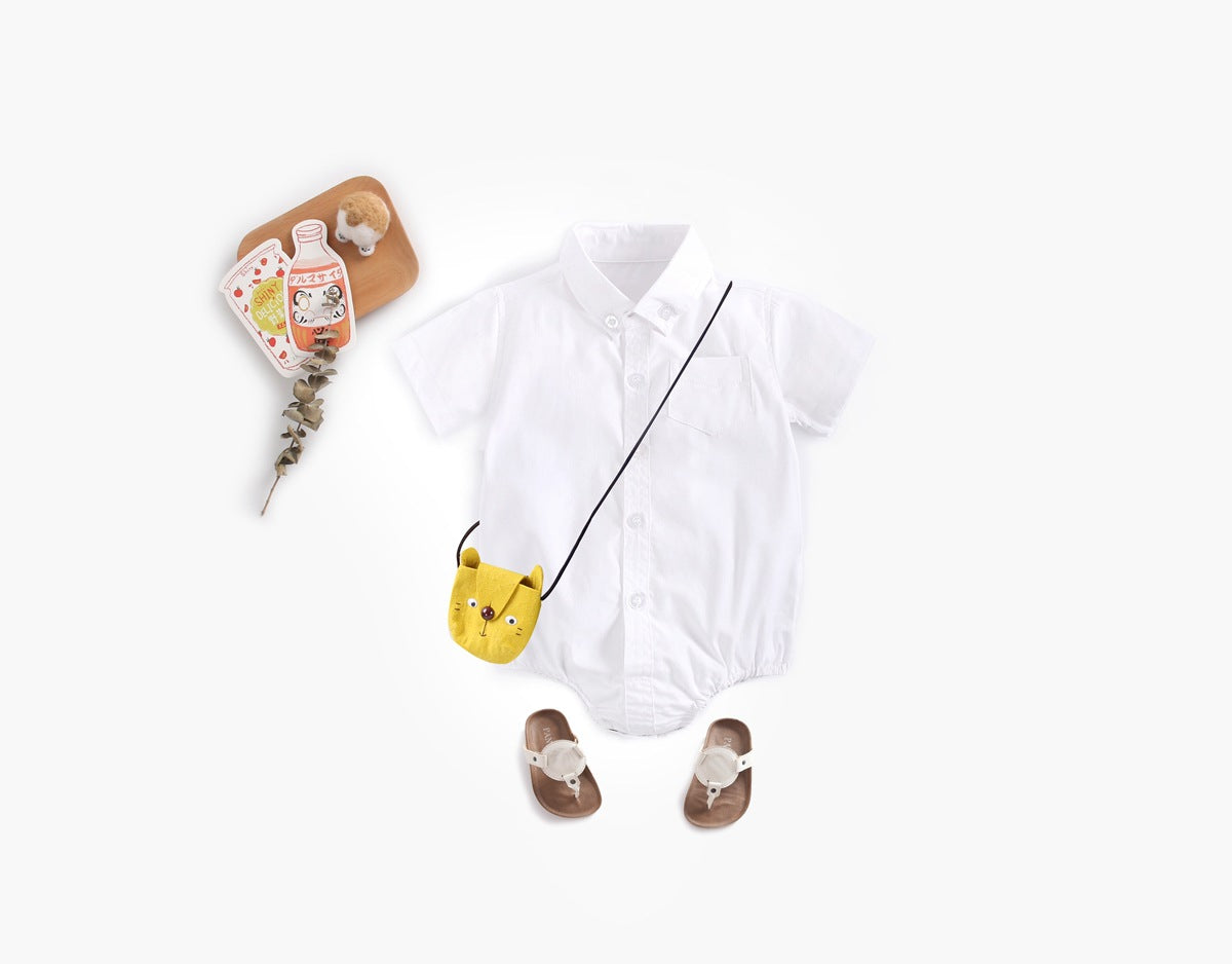 Baby boy solid color buttoned shirt with pockets, available in white, blue, and yellow, perfect for summer wear.