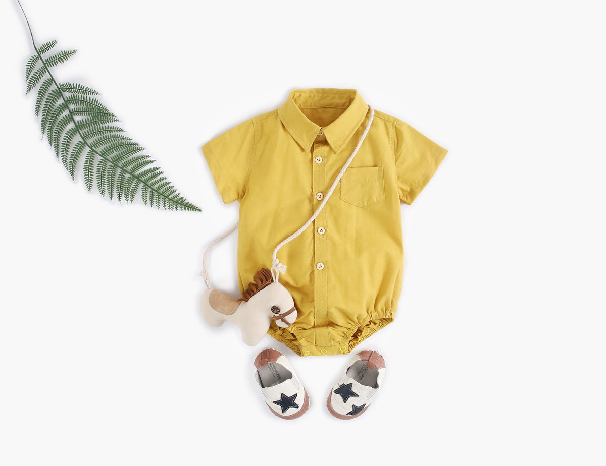 Baby boy solid color buttoned shirt with pockets, available in white, blue, and yellow, perfect for summer wear.