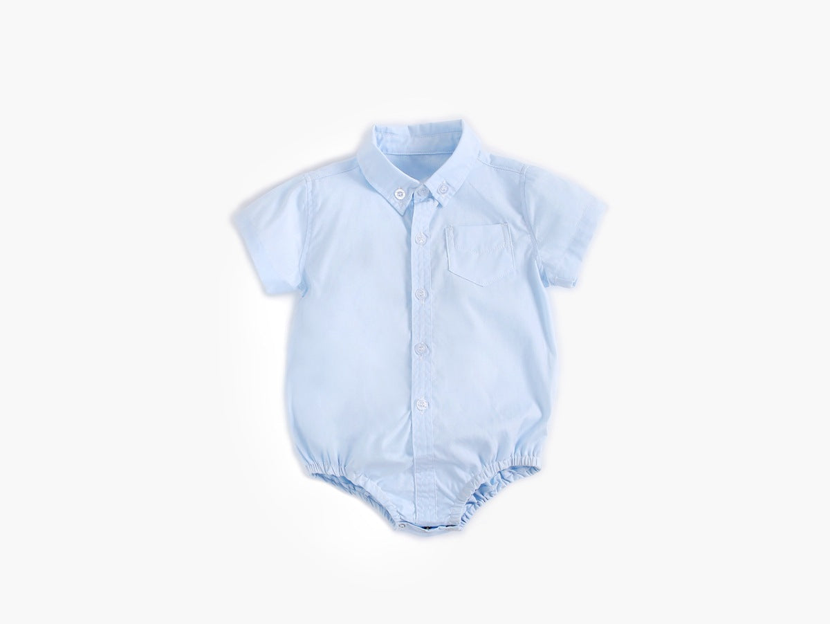 Baby boy solid color buttoned shirt with pockets, available in white, blue, and yellow, perfect for summer wear.