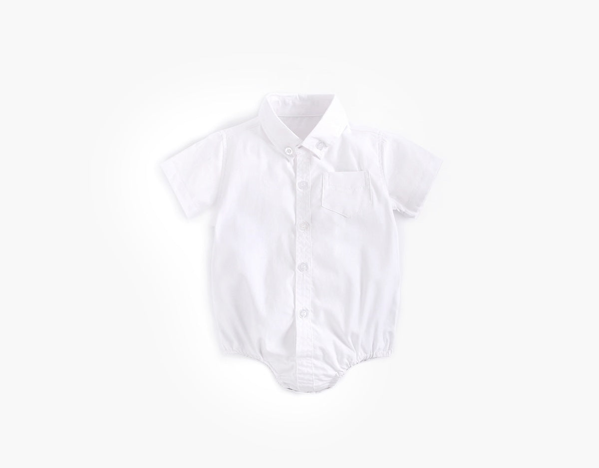 Baby boy solid color buttoned shirt with pockets, available in white, blue, and yellow, perfect for summer wear.