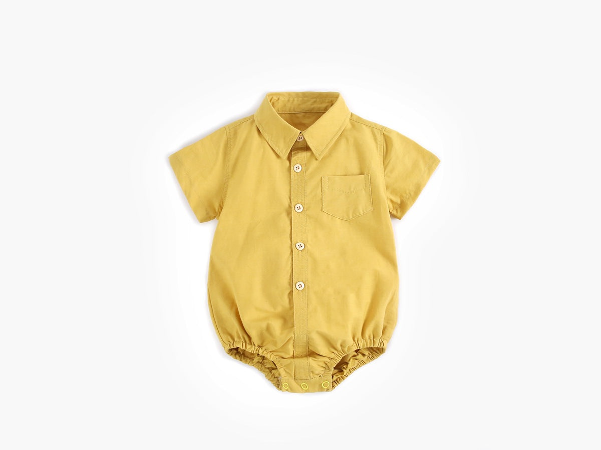 Baby boy solid color buttoned shirt with pockets, available in white, blue, and yellow, perfect for summer wear.