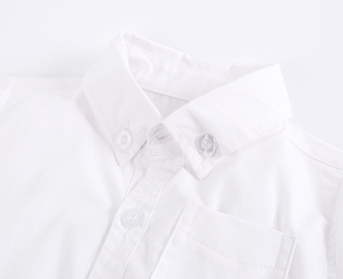Baby boy solid color buttoned shirt with pockets, available in white, blue, and yellow, perfect for summer wear.