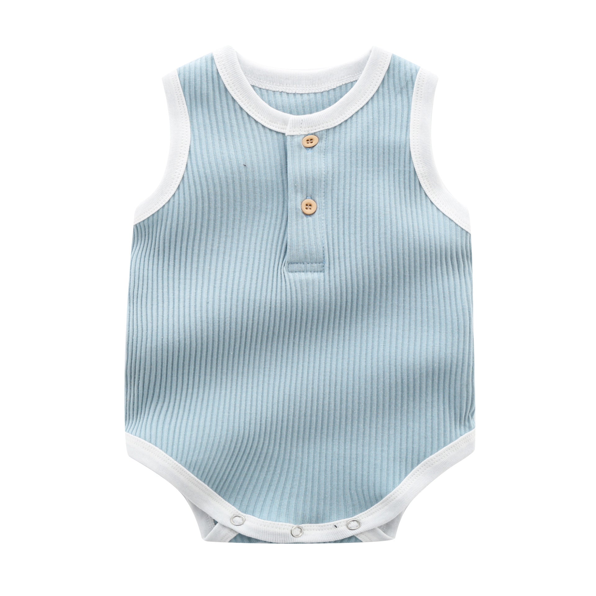 Baby boy wearing a solid color sleeveless onesie with neck buttons, showcasing vibrant colors and a round collar design.