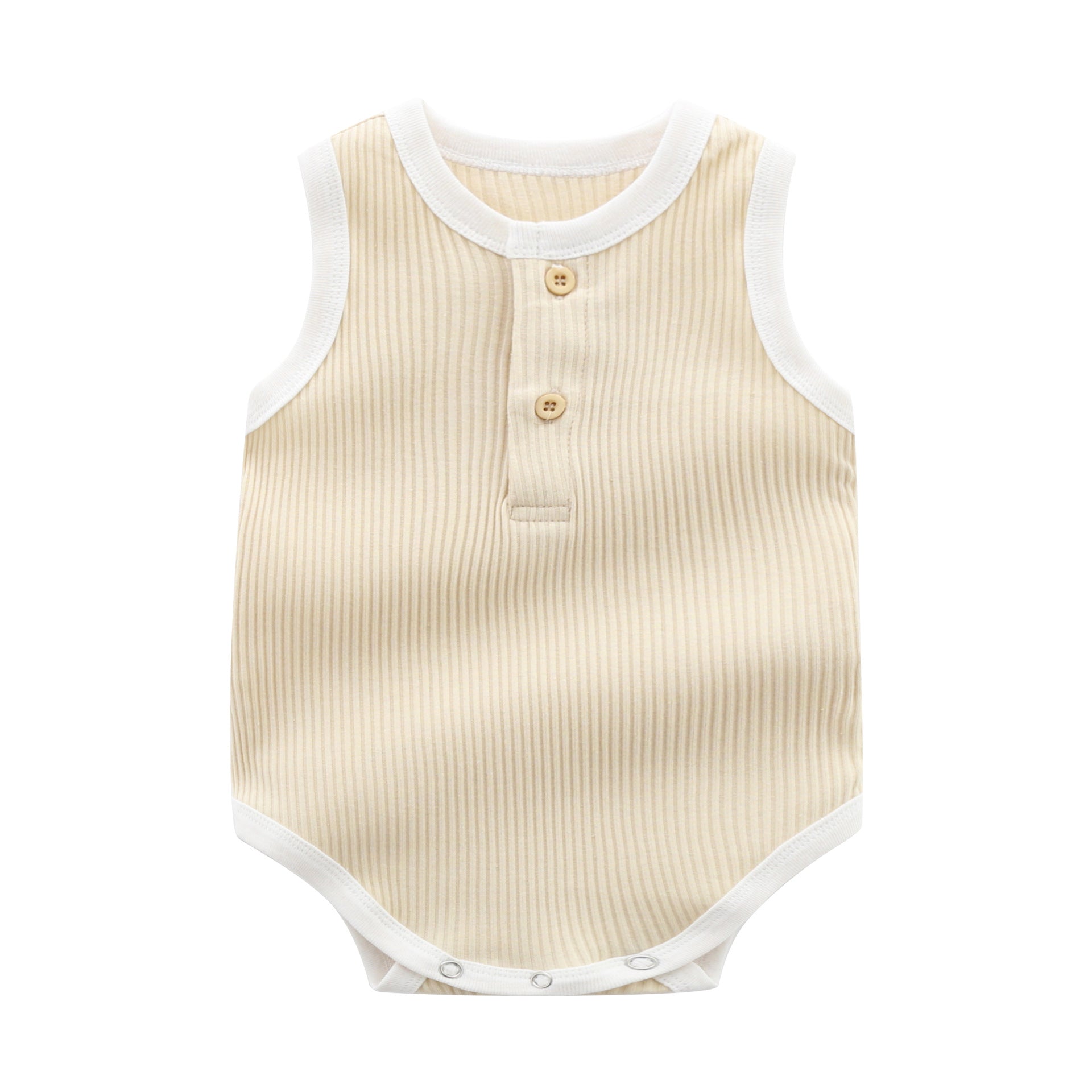Baby boy wearing a solid color sleeveless onesie with neck buttons, showcasing vibrant colors and a round collar design.