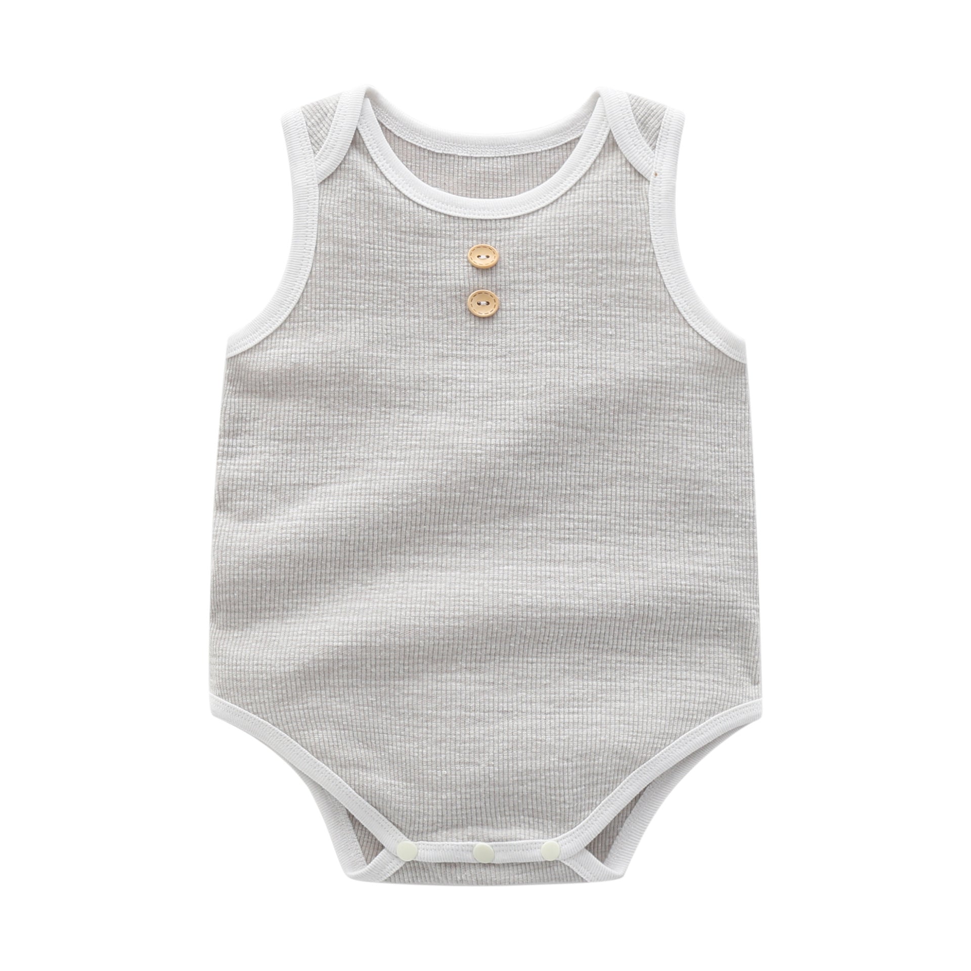 Baby boy wearing a solid color sleeveless onesie with neck buttons, showcasing vibrant colors and a round collar design.