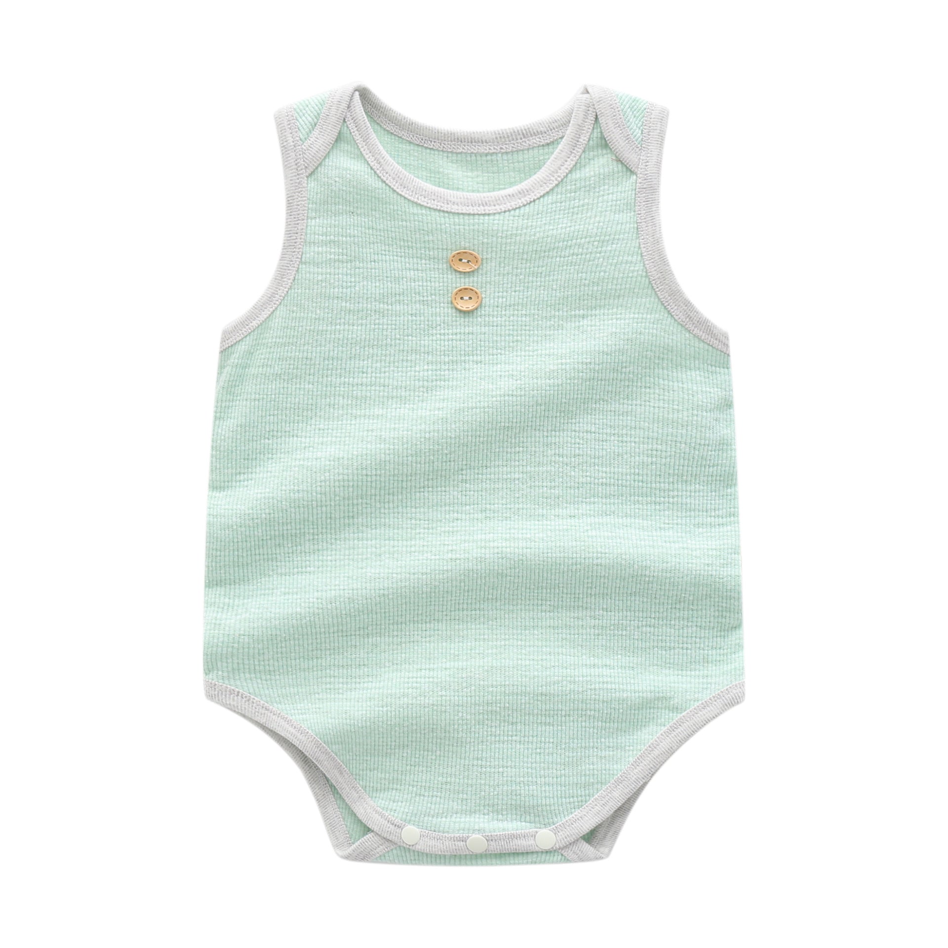 Baby boy wearing a solid color sleeveless onesie with neck buttons, showcasing vibrant colors and a round collar design.