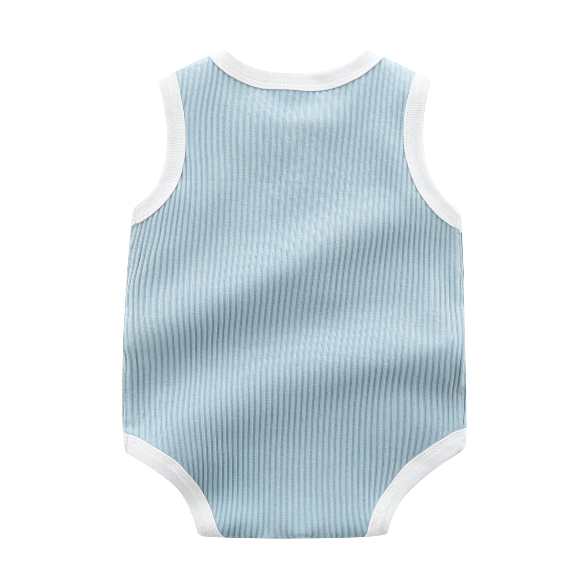 Baby boy wearing a solid color sleeveless onesie with neck buttons, showcasing vibrant colors and a round collar design.