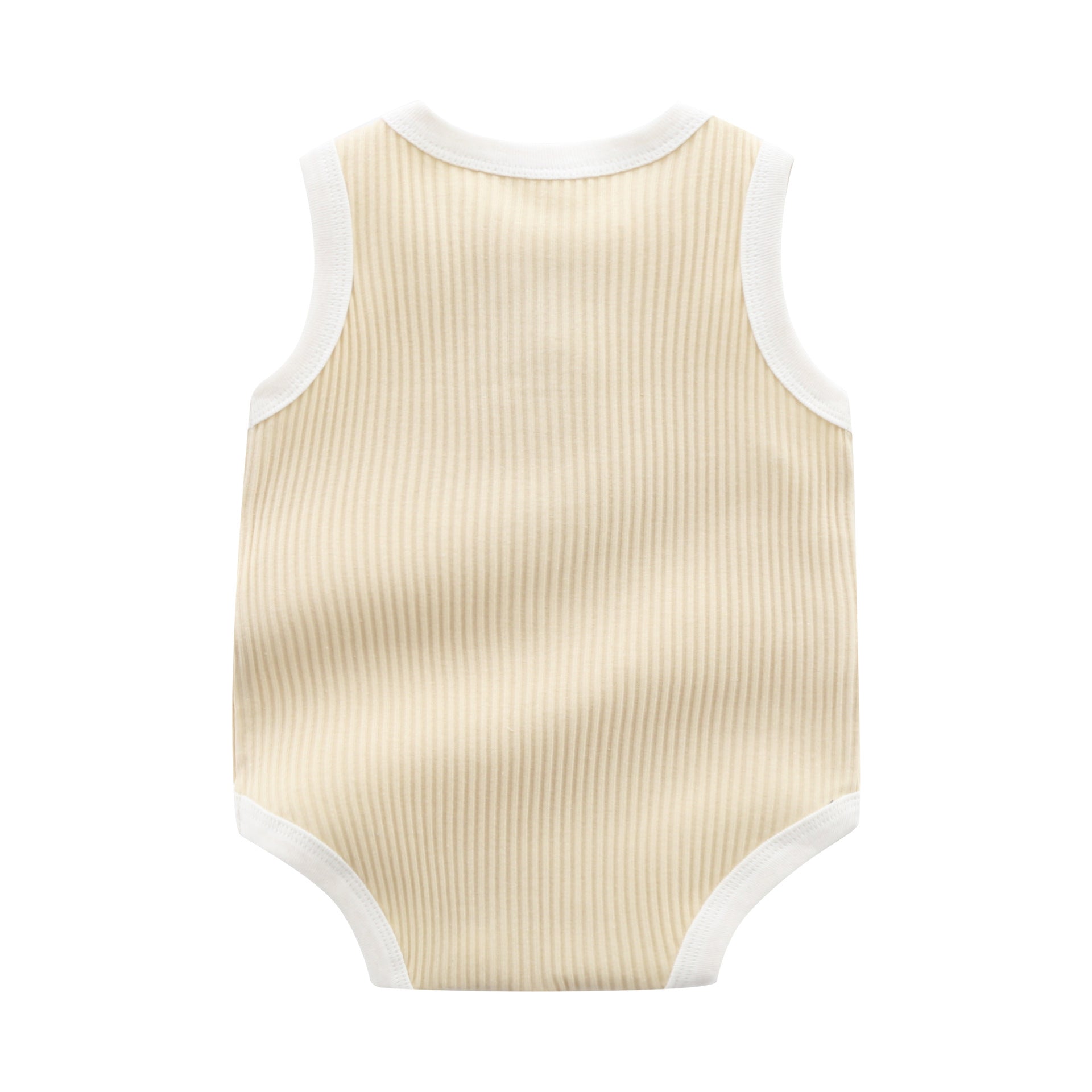 Baby boy wearing a solid color sleeveless onesie with neck buttons, showcasing vibrant colors and a round collar design.