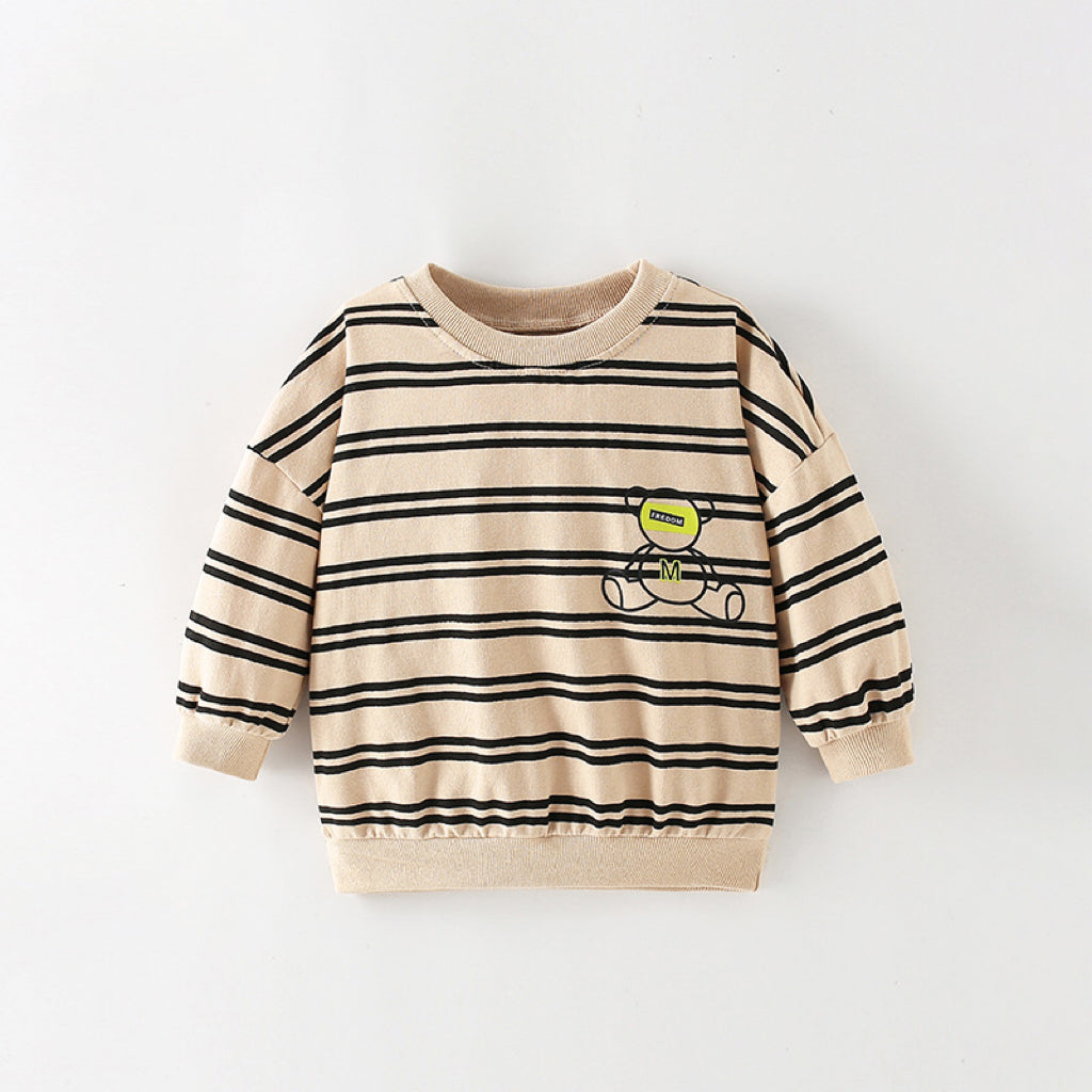 Baby boy hoodie featuring a striped design and bear pattern in khaki color, made from soft cotton fabric.