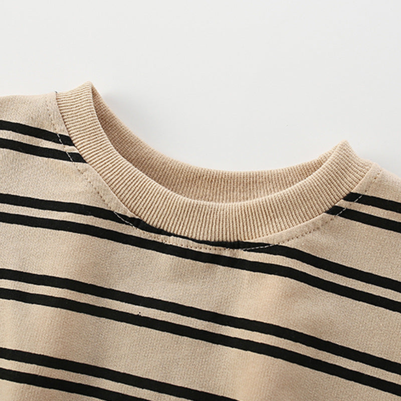 Baby boy hoodie featuring a striped design and bear pattern in khaki color, made from soft cotton fabric.