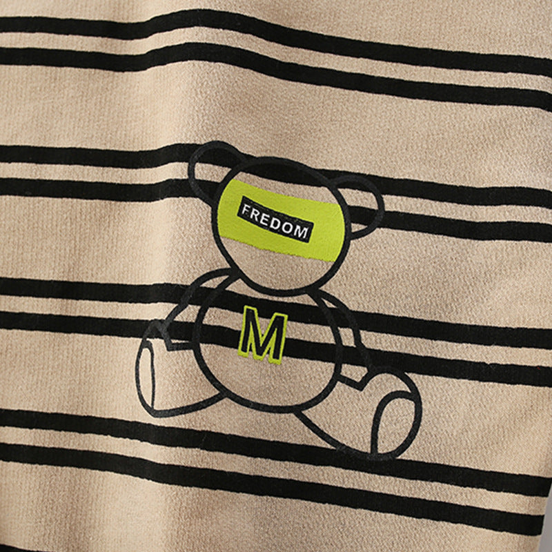 Baby boy hoodie featuring a striped design and bear pattern in khaki color, made from soft cotton fabric.