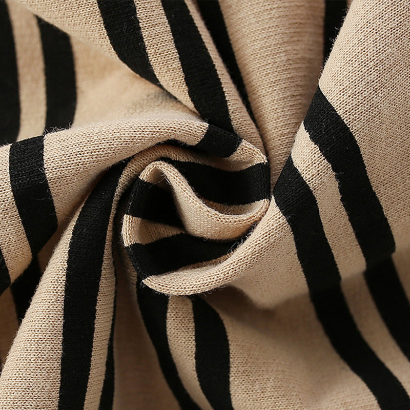 Baby boy hoodie featuring a striped design and bear pattern in khaki color, made from soft cotton fabric.