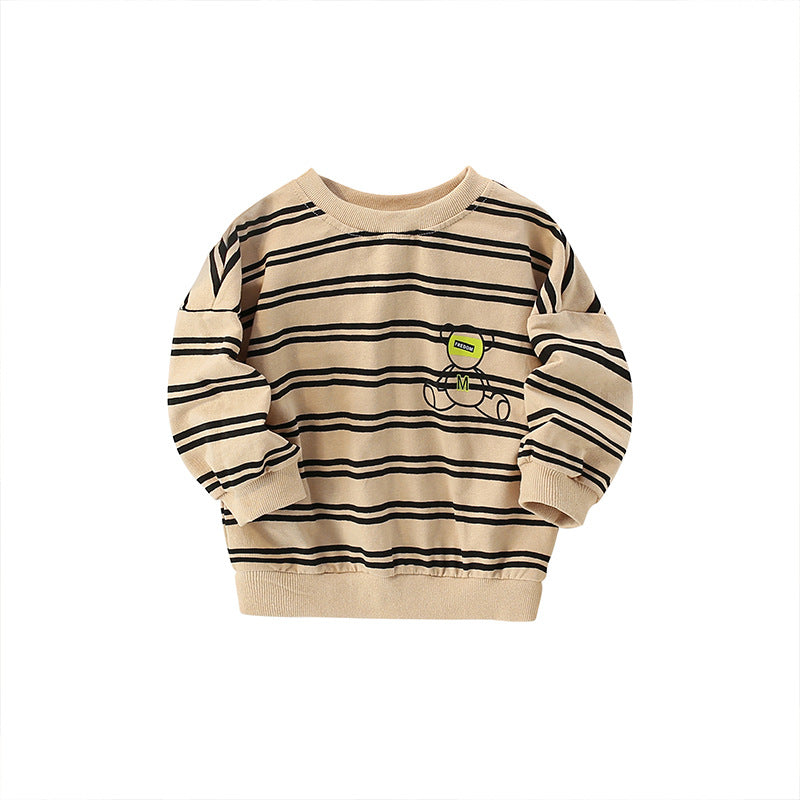Baby boy hoodie featuring a striped design and bear pattern in khaki color, made from soft cotton fabric.