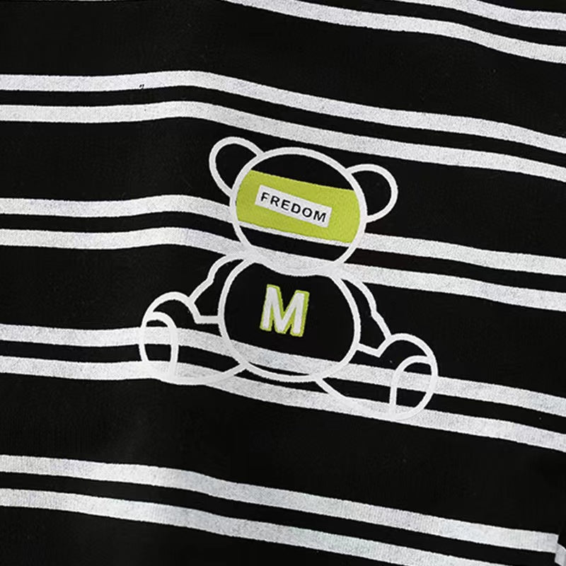 Baby boy wearing a stylish striped pattern hoodie with cartoon print, showcasing comfort and playful design.