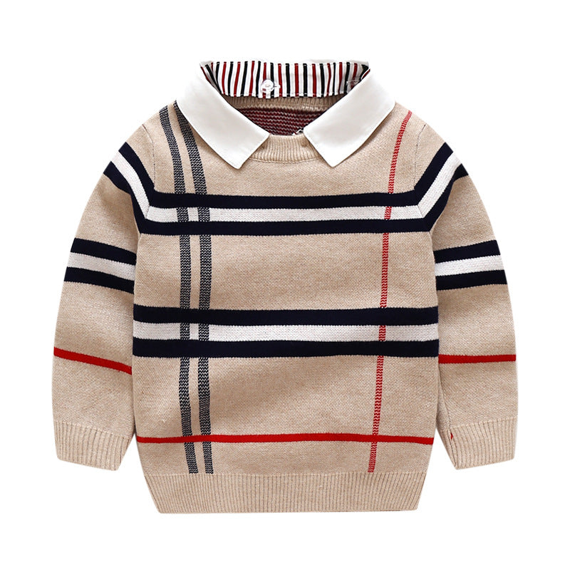 Baby boy's striped pattern sweater with detachable shirt neck in navy blue and khaki, showcasing soft cotton fabric and stylish design.